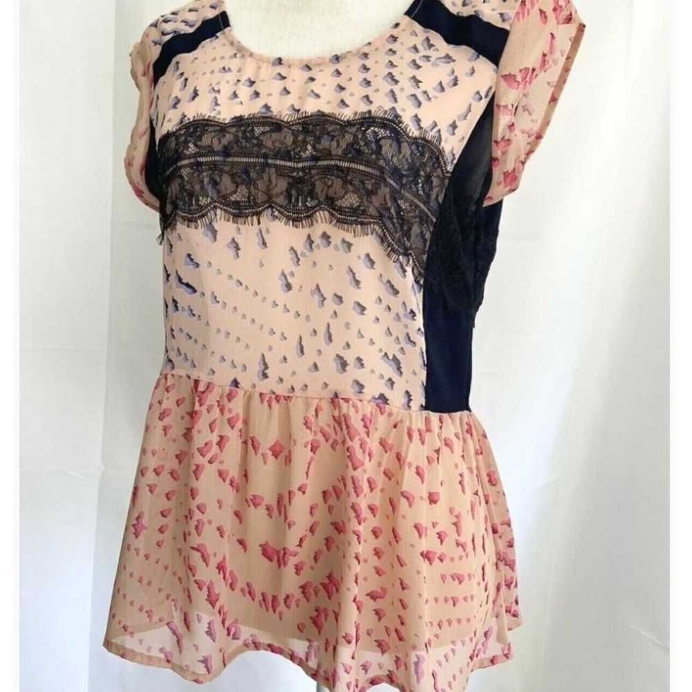 MAEVE  London Top Blouse Cap Sleeve Semi Sheer pink blue w/black lace, s…